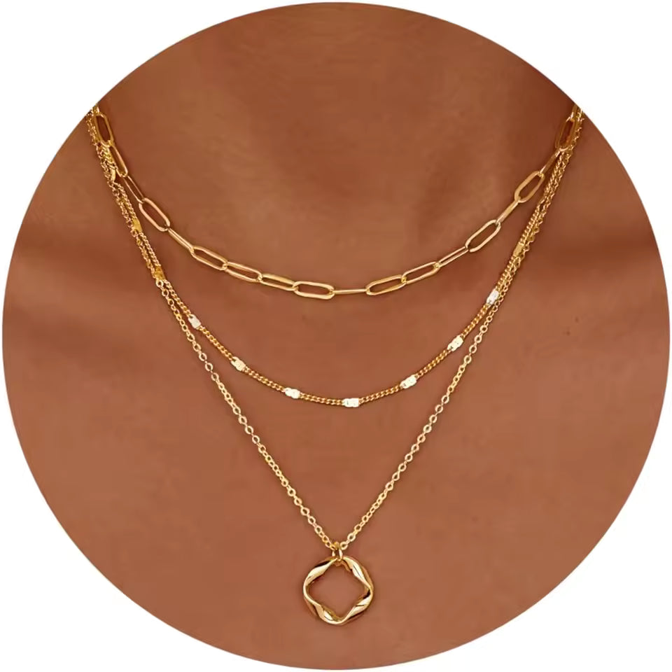 Set de Collares Multicapa Mujer – Baño Oro 14K y Plata Cadena Paperclip con Círculo