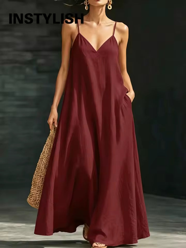 Vestido Solene de Lino con Tirantes y Bolsillos