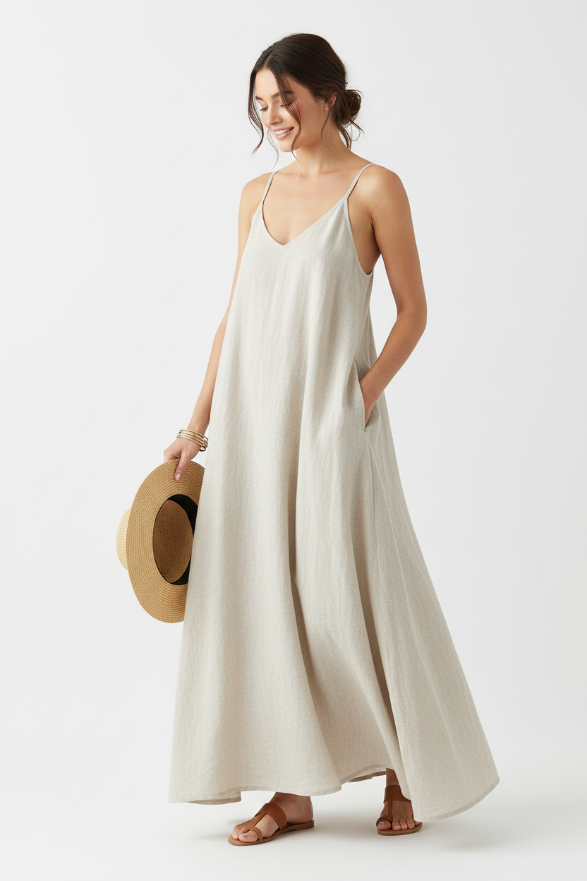 Vestido Maxi de Lino con Tirantes y Bolsillos