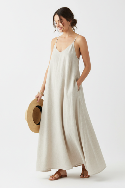 Vestido Maxi de Lino con Tirantes y Bolsillos