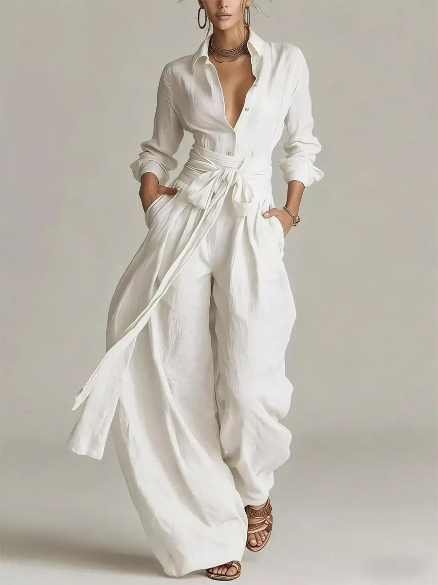 Conjunto Lino y Algodón Verano 2026 – Camisa con Cinturón y Pantalón Pierna Ancha