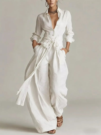 Conjunto Lino y Algodón Verano 2026 – Camisa con Cinturón y Pantalón Pierna Ancha