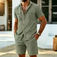 Conjunto Lino Hombre 2 Piezas – Camisa Manga Corta y Shorts Playa Streetwear Verano
