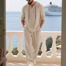 Conjunto de Lino para Hombre – Camisa Hoodie Manga Larga y Pantalón Pierna Ancha Verano