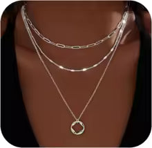 Set de Collares Multicapa Mujer – Baño Oro 14K y Plata Cadena Paperclip con Círculo