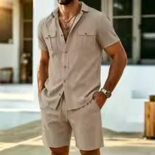 Conjunto Lino Hombre 2 Piezas – Camisa Manga Corta y Shorts Playa Streetwear Verano