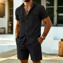 Conjunto Lino Hombre 2 Piezas – Camisa Manga Corta y Shorts Playa Streetwear Verano
