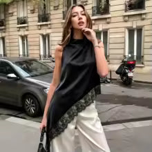 Blusa de Encaje Irregular para Mujer – Color Sólido Cuello Redondo Casual Verano 2026