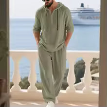 Conjunto de Lino para Hombre – Camisa Hoodie Manga Larga y Pantalón Pierna Ancha Verano