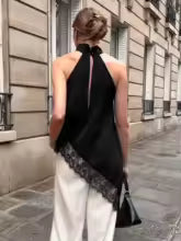Blusa de Encaje Irregular para Mujer – Color Sólido Cuello Redondo Casual Verano 2026