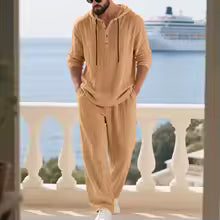 Conjunto de Lino para Hombre – Camisa Hoodie Manga Larga y Pantalón Pierna Ancha Verano