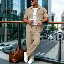 Conjunto Lino Texturizado Hombre 2026 – Camisa Manga Corta y Pantalón Streetwear