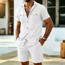 Conjunto Lino Hombre 2 Piezas – Camisa Manga Corta y Shorts Playa Streetwear Verano