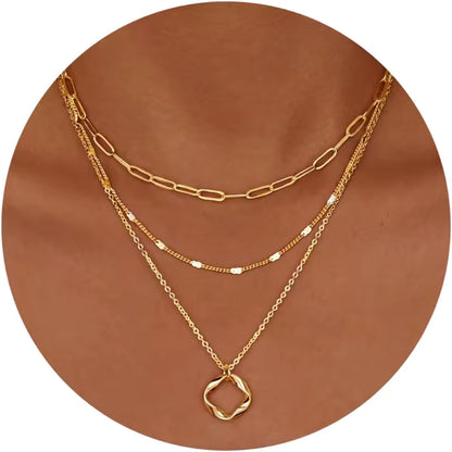 Set de Collares Multicapa Mujer – Baño Oro 14K y Plata Cadena Paperclip con Círculo
