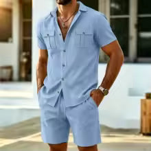 Conjunto Lino Hombre 2 Piezas – Camisa Manga Corta y Shorts Playa Streetwear Verano
