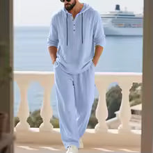Conjunto de Lino para Hombre – Camisa Hoodie Manga Larga y Pantalón Pierna Ancha Verano