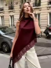 Blusa de Encaje Irregular para Mujer – Color Sólido Cuello Redondo Casual Verano 2026