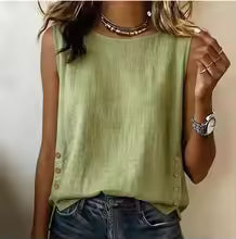 Camisa Suelta de Lino y Algodón para Mujer – Color Sólido con Botones