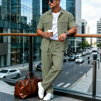 Conjunto Lino Texturizado Hombre 2026 – Camisa Manga Corta y Pantalón Streetwear