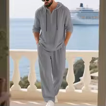 Conjunto de Lino para Hombre – Camisa Hoodie Manga Larga y Pantalón Pierna Ancha Verano