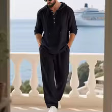 Conjunto de Lino para Hombre – Camisa Hoodie Manga Larga y Pantalón Pierna Ancha Verano