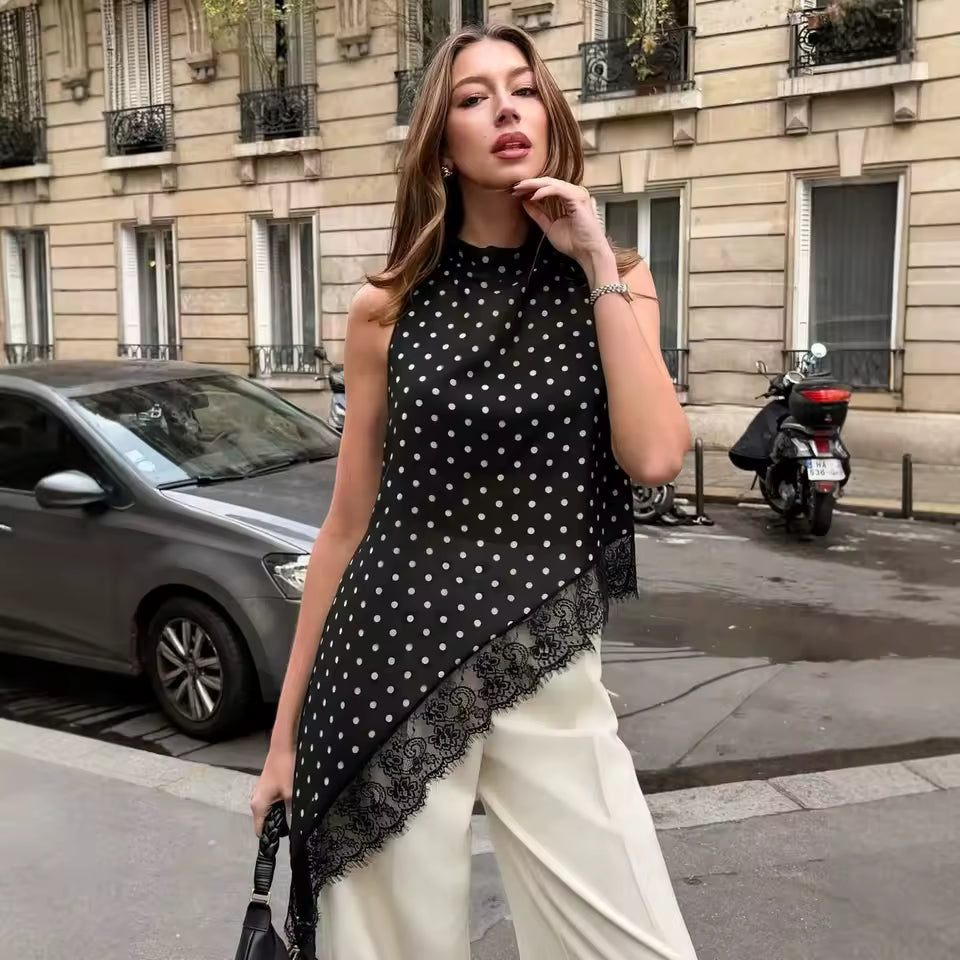 Blusa de Encaje Irregular para Mujer – Color Sólido Cuello Redondo Casual Verano 2026