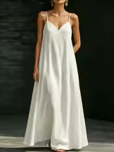 Vestido Solene de Lino con Tirantes y Bolsillos