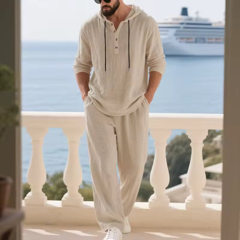 Conjunto de Lino para Hombre – Camisa Hoodie Manga Larga y Pantalón Pierna Ancha Verano