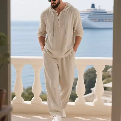 Conjunto de Lino para Hombre – Camisa Hoodie Manga Larga y Pantalón Pierna Ancha Verano