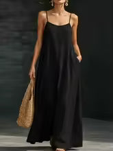 Vestido Solene de Lino con Tirantes y Bolsillos