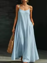 Vestido Solene de Lino con Tirantes y Bolsillos