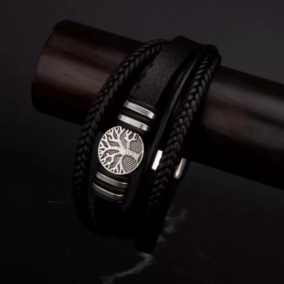 Set Pulseras Hombre Cuero Trenzado Multicapa – Cuerda Negra y Marrón Zinc Punk