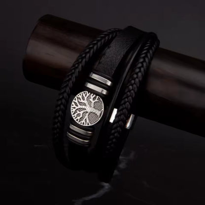 Set Pulseras Hombre Cuero Trenzado Multicapa – Cuerda Negra y Marrón Zinc Punk