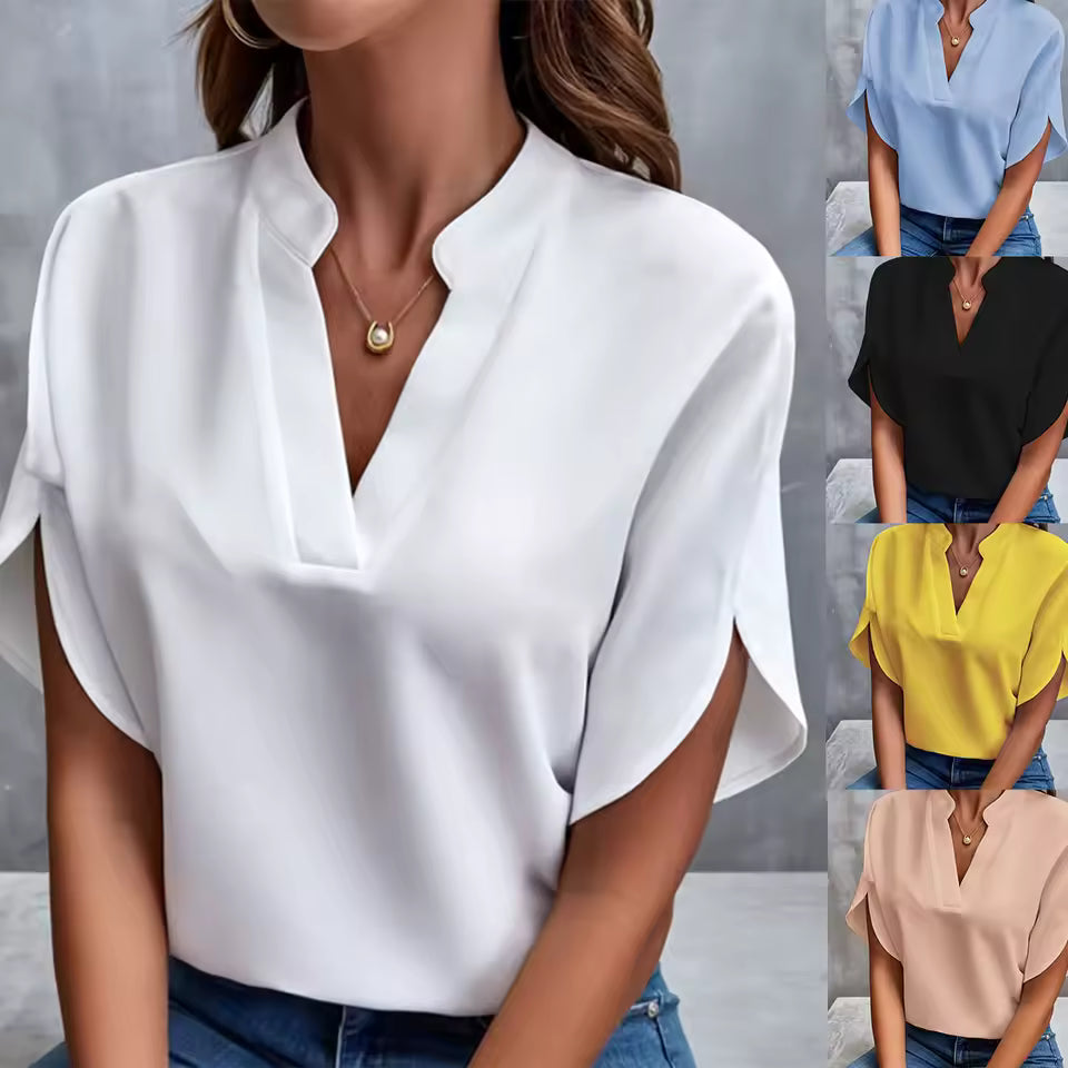 Camisa Mujer Manga Corta Cuello V – Color Sólido Suelta Casual Verano
