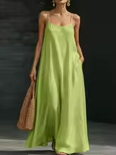 Vestido Solene de Lino con Tirantes y Bolsillos